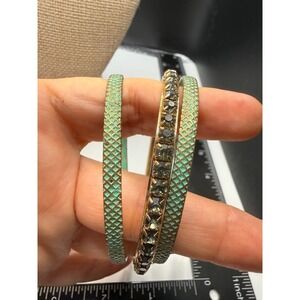 Vintage Green Enamel and Rhinestone Bangle Bracelet Set 3 Piece Gold Tone Stack